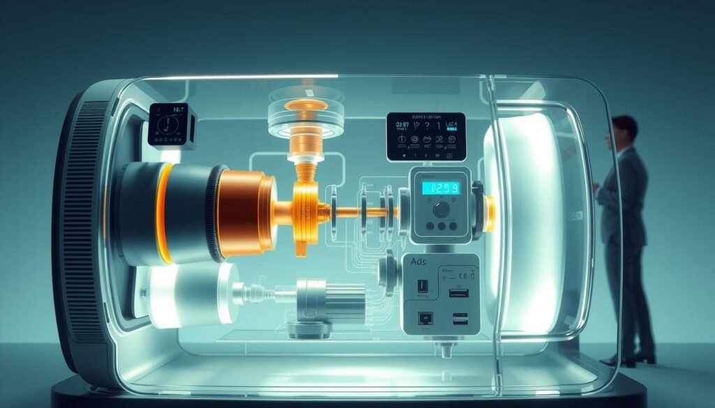 A detailed, cross-sectional diagram of the inner workings of an iCareCPAP sleep apnea machine. The foreground shows the main components like the air inlet, compressor, heating element, and air outlet. The middle ground depicts the flow of air through the various chambers and valves. The background showcases the electronic controls, display, and data ports. The lighting is crisp and technical, with a clean, minimal aesthetic. The overall mood is one of clinical precision and functional elegance, reflecting the machine's role in providing effective sleep apnea therapy.