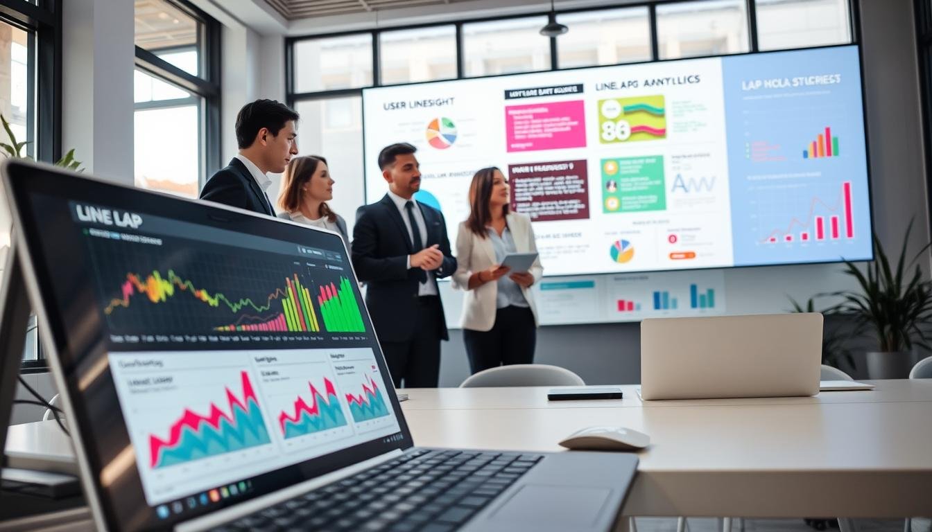 A modern digital workspace showcasing the concepts of "LINE LAP" and "LAP Advertising." In the foreground, a sleek computer with data analytics software displaying colorful graphs and charts. In the middle ground, a diverse group of business professionals in smart attire, discussing data insights and strategy collaboratively. The background features a large screen with vibrant infographics about LINE LAP, emphasizing user engagement and data-driven decisions. Soft, natural lighting filters through large windows, creating a bright and motivating atmosphere. The angle captures the dynamic interaction between the team, reflecting a mood of innovation and teamwork. The colors are balanced and professional, aimed at evoking a sense of clarity and focus on the analytics presented.