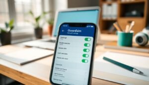 A detailed iOS settings screen showcasing "OceanEsim data switch options". In the foreground, focus on a sleek iPhone displaying the OceanEsim settings interface, with vibrant icons for mobile data settings prominently featured. The middle layer adds a soft bokeh effect, hinting at a cozy home environment, with warm lighting from a nearby window. The background subtly reveals an organized workspace, complete with a laptop and stationery, evoking a professional atmosphere. The mood is informative and approachable, emphasizing ease of use for iOS users. Capture this at a slightly tilted angle, showcasing the screen’s clarity and legibility, while avoiding any distraction from captions or overlays.