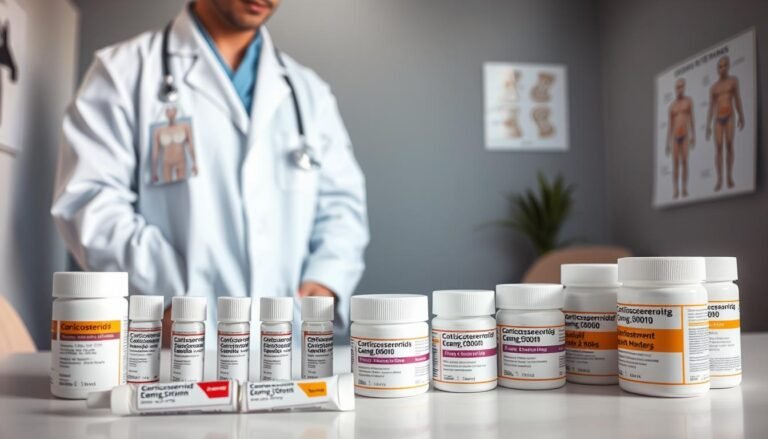 A healthcare professional in a white lab coat examines various eczema treatment options, specifically corticosteroids of different strengths. The foreground features a well-organized table displaying labeled tubes and jars of corticosteroid creams, emphasizing strength variations. In the middle ground, there is a clinical setting with medical charts showing skin diagrams of different body areas affected by eczema, like elbows and knees, highlighting the application techniques. The background is a softly lit consultation room with calming colors, conveying a professional and attentive atmosphere. Use soft, even lighting to create a warm and informative mood, and capture the scene from a slightly elevated angle to provide a comprehensive view.