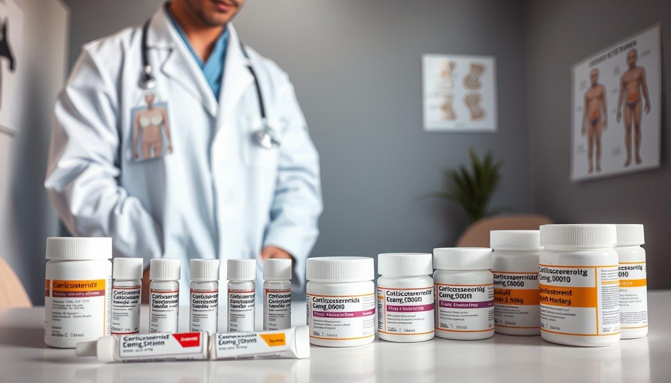 A healthcare professional in a white lab coat examines various eczema treatment options, specifically corticosteroids of different strengths. The foreground features a well-organized table displaying labeled tubes and jars of corticosteroid creams, emphasizing strength variations. In the middle ground, there is a clinical setting with medical charts showing skin diagrams of different body areas affected by eczema, like elbows and knees, highlighting the application techniques. The background is a softly lit consultation room with calming colors, conveying a professional and attentive atmosphere. Use soft, even lighting to create a warm and informative mood, and capture the scene from a slightly elevated angle to provide a comprehensive view.