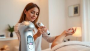 A modern laser hair removal device with advanced cooling technology, focusing on its sleek design and user-friendly interface. The foreground features the device prominently, showcasing its precision tip and cooling applicator. In the middle ground, a female aesthetician in professional attire gently demonstrates the device on a client’s forearm, emphasizing safety and technique. The background is a softly lit, clean aesthetic treatment room with calming colors, reflecting a serene atmosphere. Warm, diffused lighting highlights the details of the equipment while ensuring the atmosphere is inviting. Capture the professionalism and attention to detail in the process, with an emphasis on care during the hair removal procedure.