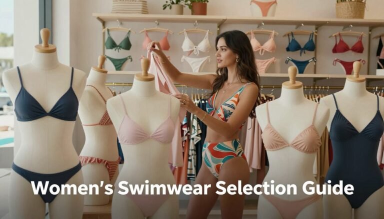 A stylish and informative image depicting a "Women's Swimwear Selection Guide." In the foreground, display a diverse range of modest swimwear options on elegant mannequins. The middle ground features a fashionable woman in a colorful, chic swim outfit, confidently browsing through swimwear at a boutique. She has a thoughtful expression, representing the process of selecting the right swimsuit. The background includes shelves adorned with a variety of bikini and one-piece options, arranged aesthetically. Use natural, soft lighting to create a bright and inviting atmosphere, mimicking a sunny day at a beachside store. The angle should capture the scene from slightly above, enhancing depth and focus on the swimwear choices. Overall, the composition evokes a modern, stylish vibe that aligns with current trends in swimwear design.