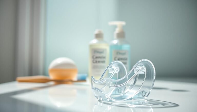 A focused close-up image of a specialized anti-snoring dental device, prominently displayed in the foreground, showing its intricate design and functionality. The device is transparent with soft edges and is sitting on a clean, bright surface. In the middle ground, include a gentle reflection of a toothbrush and a container of dental cleaner, emphasizing the importance of using proper care products. The background should be softly blurred with a calming color palette, evoking a sense of cleanliness and care. Natural light streams in from the left, casting soft shadows to enhance depth and realism. The mood is serene and informative, reflecting a professional atmosphere suitable for medical or dental discussions.