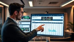 A sleek, modern user interface displayed on a high-resolution computer screen showcasing the game history query feature of "3A Entertainment." In the foreground, a well-dressed business professional, depicted in a modest casual style, points at the screen, analyzing detailed records of gaming sessions. In the middle ground, there are screenshots of card games, data tables, and graphs illustrating the transparent gaming history. The background features a stylish office environment with contemporary decor, subtle lighting that emphasizes the focus on the screen, and an ambiance of professionalism and clarity. The scene conveys a mood of trust and transparency in online gaming.
