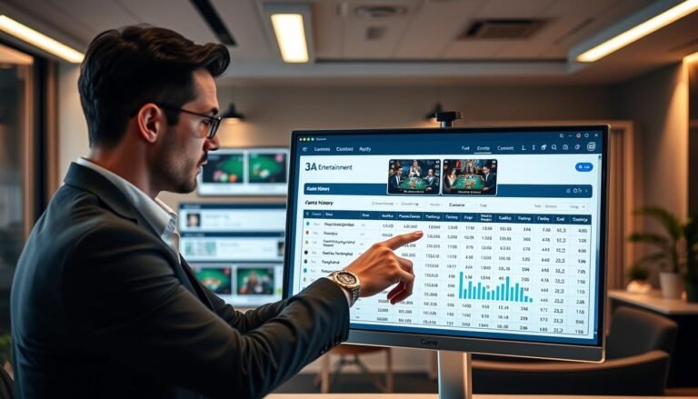 A sleek, modern user interface displayed on a high-resolution computer screen showcasing the game history query feature of "3A Entertainment." In the foreground, a well-dressed business professional, depicted in a modest casual style, points at the screen, analyzing detailed records of gaming sessions. In the middle ground, there are screenshots of card games, data tables, and graphs illustrating the transparent gaming history. The background features a stylish office environment with contemporary decor, subtle lighting that emphasizes the focus on the screen, and an ambiance of professionalism and clarity. The scene conveys a mood of trust and transparency in online gaming.