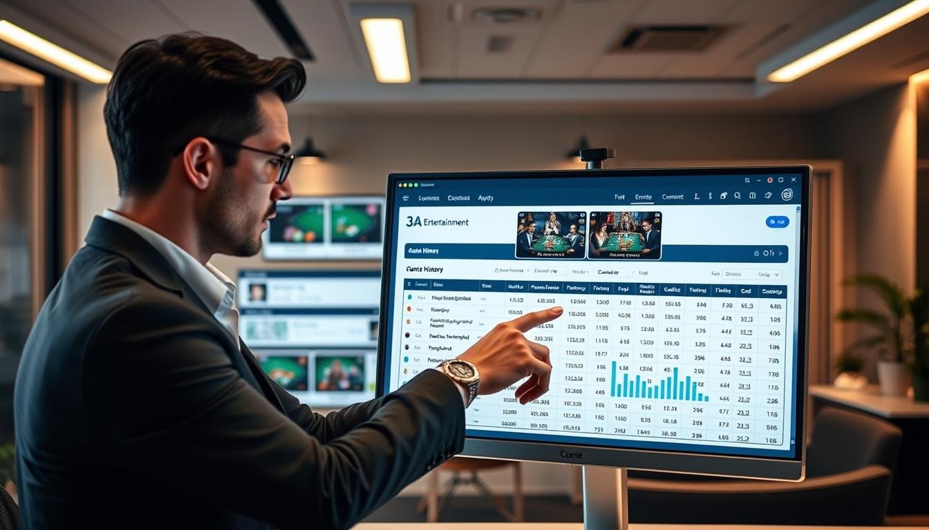 A sleek, modern user interface displayed on a high-resolution computer screen showcasing the game history query feature of "3A Entertainment." In the foreground, a well-dressed business professional, depicted in a modest casual style, points at the screen, analyzing detailed records of gaming sessions. In the middle ground, there are screenshots of card games, data tables, and graphs illustrating the transparent gaming history. The background features a stylish office environment with contemporary decor, subtle lighting that emphasizes the focus on the screen, and an ambiance of professionalism and clarity. The scene conveys a mood of trust and transparency in online gaming.