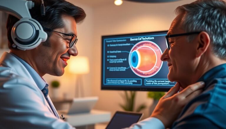 A clear, informative illustration for an article on the SMILE vision correction procedure and its impact on the risk of corneal flap displacement. In the foreground, a compassionate ophthalmologist in professional attire examines a patient, demonstrating the innovative SMILE technique with advanced laser equipment. In the middle ground, a digital display shows a detailed diagram of the eye's anatomy, highlighting the corneal structure and risk factors. The background features a calming medical office with soft, ambient lighting, creating an atmosphere of professionalism and trust. The scene is captured with a close-up angle, emphasizing the doctor-patient interaction, while soft focus on the background adds depth. Overall, the image should convey a sense of safety, expertise, and cutting-edge medical technology.
