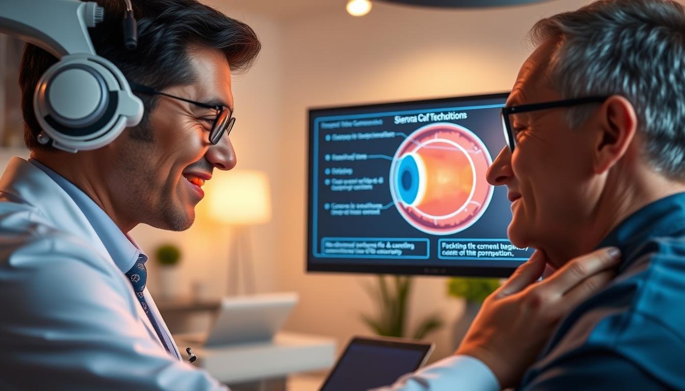 A clear, informative illustration for an article on the SMILE vision correction procedure and its impact on the risk of corneal flap displacement. In the foreground, a compassionate ophthalmologist in professional attire examines a patient, demonstrating the innovative SMILE technique with advanced laser equipment. In the middle ground, a digital display shows a detailed diagram of the eye's anatomy, highlighting the corneal structure and risk factors. The background features a calming medical office with soft, ambient lighting, creating an atmosphere of professionalism and trust. The scene is captured with a close-up angle, emphasizing the doctor-patient interaction, while soft focus on the background adds depth. Overall, the image should convey a sense of safety, expertise, and cutting-edge medical technology.