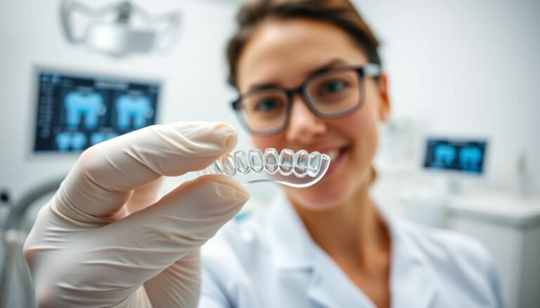 A dental professional attentively examining the wear on an Invisalign retainer, set in a modern clinic. In the foreground, a close-up of a clear Invisalign retainer is carefully held by a gloved hand, showcasing signs of wear and tear. The middle ground features a dental office environment, bright and well-lit, with dental tools and a computer displaying digital monitoring software in the background. The atmosphere is calm and focused, highlighting the importance of monitoring patient progress. The lighting is soft yet bright, emphasizing cleanliness and professionalism. A subtle depth of field blurs the background, drawing attention to the retainer and the professional’s expertise, with no people in casual or provocative clothing.