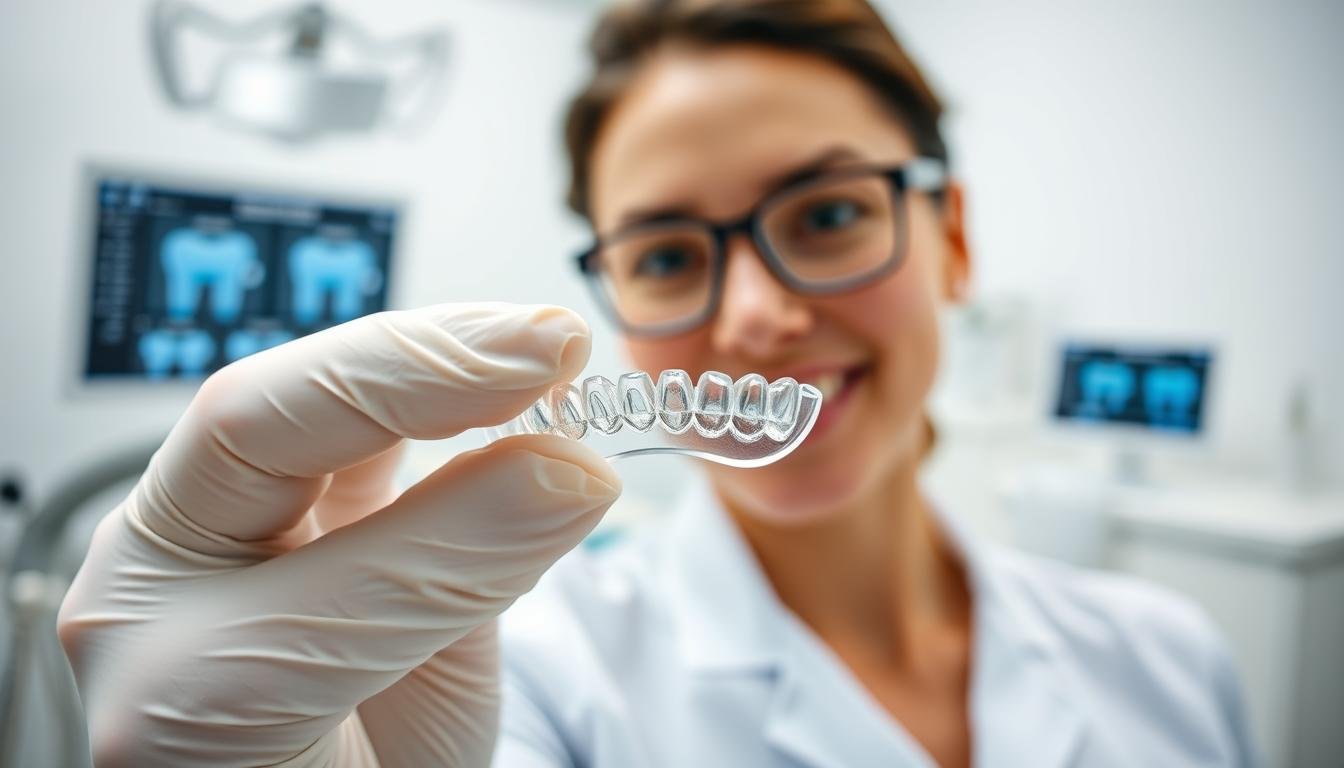 A dental professional attentively examining the wear on an Invisalign retainer, set in a modern clinic. In the foreground, a close-up of a clear Invisalign retainer is carefully held by a gloved hand, showcasing signs of wear and tear. The middle ground features a dental office environment, bright and well-lit, with dental tools and a computer displaying digital monitoring software in the background. The atmosphere is calm and focused, highlighting the importance of monitoring patient progress. The lighting is soft yet bright, emphasizing cleanliness and professionalism. A subtle depth of field blurs the background, drawing attention to the retainer and the professional’s expertise, with no people in casual or provocative clothing.