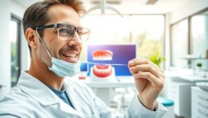 A dental professional in a bright, modern clinic demonstrating proper dental flossing techniques after teeth cleaning. The foreground features a close-up of the dental professional, wearing a lab coat and safety glasses, demonstrating the correct way to use dental floss. In the middle, a vibrant display of dental tools and a model of teeth is visible, illustrating the technique. The background showcases a clean, well-lit dental office with large windows allowing natural light, highlighting the importance of oral hygiene. The atmosphere is professional yet approachable, conveying a sense of care and expertise. The image should focus on the techniques involved in using dental floss effectively, emphasizing its importance for maintaining oral health post-cleaning.
