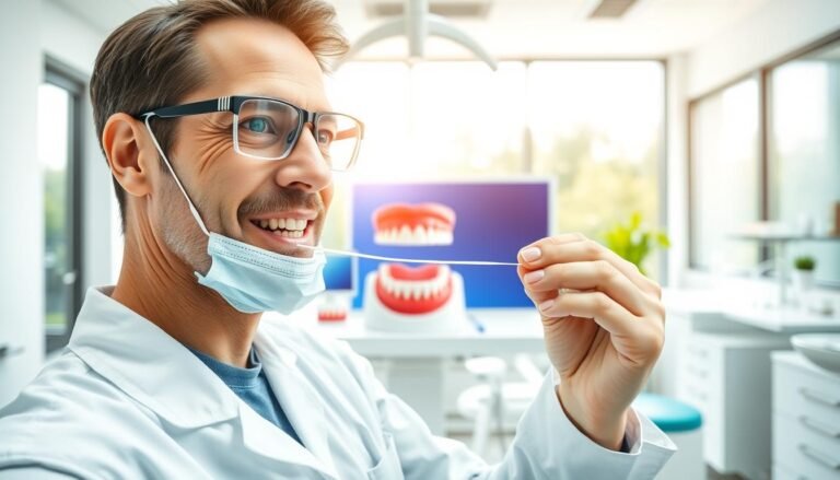 A dental professional in a bright, modern clinic demonstrating proper dental flossing techniques after teeth cleaning. The foreground features a close-up of the dental professional, wearing a lab coat and safety glasses, demonstrating the correct way to use dental floss. In the middle, a vibrant display of dental tools and a model of teeth is visible, illustrating the technique. The background showcases a clean, well-lit dental office with large windows allowing natural light, highlighting the importance of oral hygiene. The atmosphere is professional yet approachable, conveying a sense of care and expertise. The image should focus on the techniques involved in using dental floss effectively, emphasizing its importance for maintaining oral health post-cleaning.