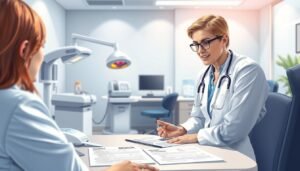 A detailed and informative illustration depicting the concept of a laser wart removal insurance plan. In the foreground, show a compassionate healthcare professional in professional attire, explaining the procedure and insurance details to a patient in a clinical setting. The middle ground features modern medical equipment and a laser apparatus, alongside insurance documents neatly displayed on a table, symbolizing the necessary paperwork for claims. The background is a clean, well-lit medical office, evoking a sense of trust and professionalism. Use soft, ambient lighting to create a welcoming atmosphere, emphasizing transparency in the healthcare process. The overall mood should be reassuring and informative, highlighting the intersection of healthcare and insurance services related to laser wart treatment.