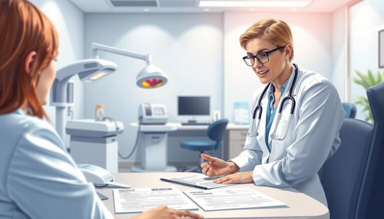 A detailed and informative illustration depicting the concept of a laser wart removal insurance plan. In the foreground, show a compassionate healthcare professional in professional attire, explaining the procedure and insurance details to a patient in a clinical setting. The middle ground features modern medical equipment and a laser apparatus, alongside insurance documents neatly displayed on a table, symbolizing the necessary paperwork for claims. The background is a clean, well-lit medical office, evoking a sense of trust and professionalism. Use soft, ambient lighting to create a welcoming atmosphere, emphasizing transparency in the healthcare process. The overall mood should be reassuring and informative, highlighting the intersection of healthcare and insurance services related to laser wart treatment.