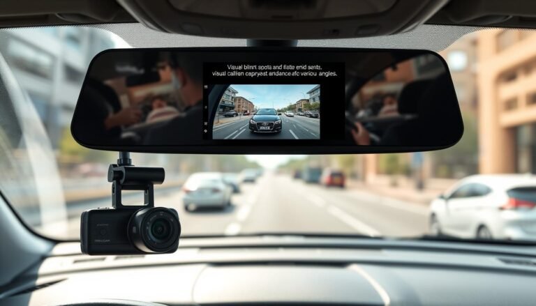 A high-definition display of a dashcam functionality showcase, set within a modern car interior. In the foreground, a sleek dashcam with a wide-angle lens is prominently positioned on the car's dashboard, showcasing its advanced features. The middle layer features a digital screen displaying clear video footage of a side collision scenario, highlighting visual blind spots and key evidence captured from various angles. The background shows a blurred cityscape through the windshield, emphasizing motion and the potential for unforeseen incidents on the road. The lighting is bright and natural, creating a realistic atmosphere, with reflections on the glass for added depth. The overall mood conveys a sense of safety and awareness while driving, demonstrating the importance of dashcam technology.