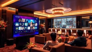 A modern KTV room in a luxury hotel in Taipei, featuring a sleek and sophisticated interior design. In the foreground, a high-tech digital VOD system displaying an array of popular songs on a bright screen, illuminated by colorful ambient lighting. The middle ground showcases comfortable seating with plush sofas, where well-dressed patrons enjoy their evening. Exotic floral arrangements and elegant decorations enhance the atmosphere, while a shimmering bar in the background highlights a selection of beverages. Soft, warm lighting creates an inviting mood, emphasizing the social and vibrant nature of the KTV experience. Capture this scene from a slightly elevated angle to showcase both the patrons and the advanced technology in use.