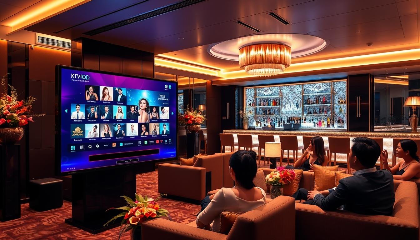 A modern KTV room in a luxury hotel in Taipei, featuring a sleek and sophisticated interior design. In the foreground, a high-tech digital VOD system displaying an array of popular songs on a bright screen, illuminated by colorful ambient lighting. The middle ground showcases comfortable seating with plush sofas, where well-dressed patrons enjoy their evening. Exotic floral arrangements and elegant decorations enhance the atmosphere, while a shimmering bar in the background highlights a selection of beverages. Soft, warm lighting creates an inviting mood, emphasizing the social and vibrant nature of the KTV experience. Capture this scene from a slightly elevated angle to showcase both the patrons and the advanced technology in use.