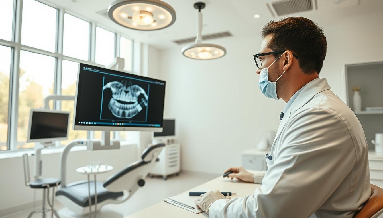 A modern dental clinic interior showcasing advanced dental equipment and technology. In the foreground, a dentist in professional attire is examining a digital dental scan on a computer screen, highlighting the precision of modern imaging techniques. The middle ground features dental chairs, bright overhead lights, and various high-tech instruments meticulously organized on a counter. In the background, large windows allow natural light to flood the room, creating a warm and inviting atmosphere. Soft lighting and sterile white walls emphasize cleanliness and professionalism. The mood is one of expertise and trust, suitable for showcasing a qualified dental practice. The angle is slightly elevated to capture the entire scene effectively, focusing on both the dentist and the tools being used.