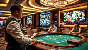 A modern, high-tech casino scene showcasing a real-time video baccarat game within UG娛樂城. In the foreground, a professional dealer dressed in formal attire manages the game at an elegant table, which features luxurious green felt and polished wood accents. The middle ground depicts players engaged in the game, their expressions focused and interested, dressed in smart casual clothing. The background reveals a stylishly designed casino with indirect lighting creating an ambient glow; large screens display high-resolution game graphics. Soft lighting highlights the dealer and the table, accentuating the smooth movements of the cards. The atmosphere conveys excitement and sophistication, encapsulating the demand for high-resolution visuals in remote gaming experiences.