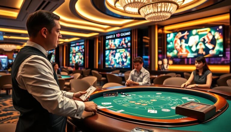A modern, high-tech casino scene showcasing a real-time video baccarat game within UG娛樂城. In the foreground, a professional dealer dressed in formal attire manages the game at an elegant table, which features luxurious green felt and polished wood accents. The middle ground depicts players engaged in the game, their expressions focused and interested, dressed in smart casual clothing. The background reveals a stylishly designed casino with indirect lighting creating an ambient glow; large screens display high-resolution game graphics. Soft lighting highlights the dealer and the table, accentuating the smooth movements of the cards. The atmosphere conveys excitement and sophistication, encapsulating the demand for high-resolution visuals in remote gaming experiences.