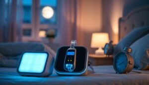 A modern sleep apnea machine is placed prominently in the foreground, with a sleek design featuring a digital display and a soft blue glow, creating a calming atmosphere. The device has an attached mask that appears comfortable and user-friendly. In the middle ground, a blurred but cozy bedroom setting can be seen, with soft lighting, gentle bedding, and a bedside table accessorized with a lamp and a clock reflecting a peaceful night. The background features a slightly open window, allowing moonlight to filter through, enhancing the tranquil mood. The overall image conveys a sense of comfort and reassurance, ideal for individuals considering the benefits of using a sleep apnea machine. The lens focus should be sharp on the device, with a shallow depth of field emphasizing the softness of the surrounding environment.