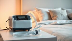 A modern sleep apnea machine prominently displayed on a bedside table in a softly lit bedroom. The machine has a sleek, minimalist design, featuring a digital interface and opaque tubing connected to a comfortable CPAP mask. In the foreground, the mask lies elegantly on the table beside the machine. Soft, warm lighting creates a calm and serene atmosphere, casting gentle shadows and highlighting the contours of the equipment. In the background, a neatly made bed with soothing colors and decorative pillows sets a peaceful scene, suggesting a restful night’s sleep. The image captures the essence of health and tranquility, inviting viewers to consider the benefits of the sleep apnea machine in improving sleep quality.