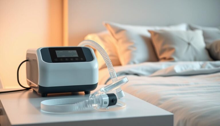 A modern sleep apnea machine prominently displayed on a bedside table in a softly lit bedroom. The machine has a sleek, minimalist design, featuring a digital interface and opaque tubing connected to a comfortable CPAP mask. In the foreground, the mask lies elegantly on the table beside the machine. Soft, warm lighting creates a calm and serene atmosphere, casting gentle shadows and highlighting the contours of the equipment. In the background, a neatly made bed with soothing colors and decorative pillows sets a peaceful scene, suggesting a restful night’s sleep. The image captures the essence of health and tranquility, inviting viewers to consider the benefits of the sleep apnea machine in improving sleep quality.