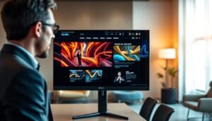 A sleek, modern office setting highlighting a high-end 4K monitor displaying vibrant, intricate webpage layouts optimized for immersive video experiences. In the foreground, a professional figure dressed in smart business attire is engaged in interaction with the screen, their expression focused and intrigued. The middle ground features the monitor showcasing dynamic video content, rich colors, and sharp details that demonstrate the clarity and depth of 4K resolution. The background is softly blurred, featuring contemporary office furniture and subtle warm lighting, creating a welcoming atmosphere. The overall mood is professional yet innovative, emphasizing the seamless integration of technology and design to enhance user experience on high-resolution displays.