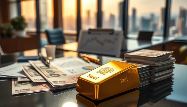 A visually striking scene that conveys the impact of gold prices on the Taiwanese market, featuring a realistic representation of one tael of gold alongside bundles of Taiwanese dollars. In the foreground, display the shiny gold bar prominently, reflecting light to emphasize its value and allure. In the middle ground, showcase an elegant desk with financial documents and charts illustrating market trends in a professional setting. The background should include a blurred office environment with windows showcasing a city skyline, symbolizing economic activity. The mood is serious and professional, with warm, natural lighting to create an inviting atmosphere. Use a wide-angle lens to capture the depth of the scene while maintaining focus on the gold and currency.