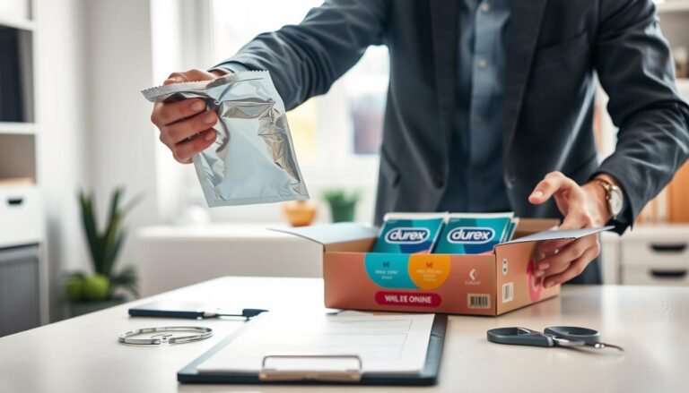 A well-lit, organized workspace featuring a person in business casual attire carefully inspecting a Durex product packaging. In the foreground, the individual holds a shiny, unopened aluminum foil package, examining it closely for any signs of damage. In the middle, a neatly arranged table displays the open box containing several Durex products, along with essentials like scissors and a clipboard for notes. The background shows a bright environment with natural light streaming through a window, emphasizing the careful nature of the inspection process. The overall mood is focused and professional, conveying the importance of quality checking in online shopping.