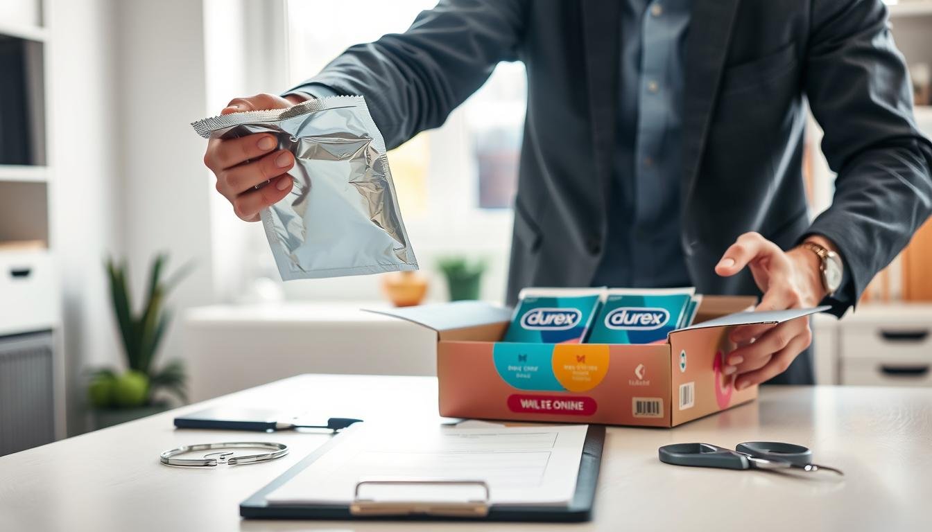 A well-lit, organized workspace featuring a person in business casual attire carefully inspecting a Durex product packaging. In the foreground, the individual holds a shiny, unopened aluminum foil package, examining it closely for any signs of damage. In the middle, a neatly arranged table displays the open box containing several Durex products, along with essentials like scissors and a clipboard for notes. The background shows a bright environment with natural light streaming through a window, emphasizing the careful nature of the inspection process. The overall mood is focused and professional, conveying the importance of quality checking in online shopping.