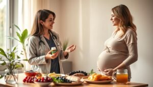 A serene and inviting healthcare setting featuring a knowledgeable nutritionist explaining the benefits of collagen supplements during pregnancy. In the foreground, a woman in professional attire holds a container of collagen while discussing it with a pregnant woman dressed in modest casual clothing. The middle ground showcases an elegantly arranged table with various collagen-rich foods like berries, fish, and bone broth, highlighting healthy options. The background is softly lit with warm, natural light streaming through a window, creating a comforting atmosphere. Gentle green plants are visible, symbolizing health and wellness, while the overall mood is informative and positive, emphasizing the importance of collagen for expecting mothers. Capture the image with a soft focus lens, highlighting the interaction and connection between the two women.