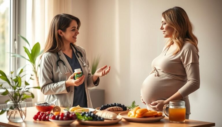 A serene and inviting healthcare setting featuring a knowledgeable nutritionist explaining the benefits of collagen supplements during pregnancy. In the foreground, a woman in professional attire holds a container of collagen while discussing it with a pregnant woman dressed in modest casual clothing. The middle ground showcases an elegantly arranged table with various collagen-rich foods like berries, fish, and bone broth, highlighting healthy options. The background is softly lit with warm, natural light streaming through a window, creating a comforting atmosphere. Gentle green plants are visible, symbolizing health and wellness, while the overall mood is informative and positive, emphasizing the importance of collagen for expecting mothers. Capture the image with a soft focus lens, highlighting the interaction and connection between the two women.