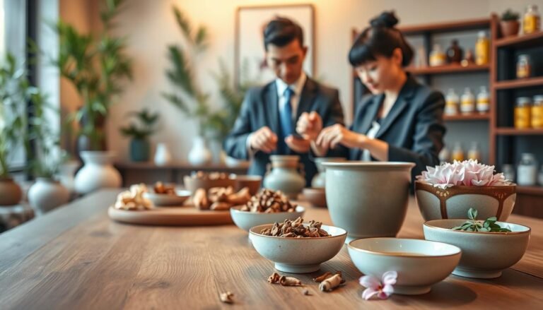 A serene and tranquil scene featuring traditional Chinese herbal medicine related to gynecology. In the foreground, a wooden table displays various herbs and ingredients such as angelica root, licorice, and chrysanthemum flowers artistically arranged in delicate ceramic bowls. In the middle ground, a skilled practitioner in professional business attire prepares a herbal decoction, focusing intently on their work. The background hints at a softly lit, traditional Chinese medicine clinic filled with subtle details like bamboo plants and shelves laden with herbal jars, enhancing the setting's authenticity. The overall atmosphere is calm and nurturing, with warm lighting creating a welcoming and healing environment, evoking a sense of balance and holistic wellness.