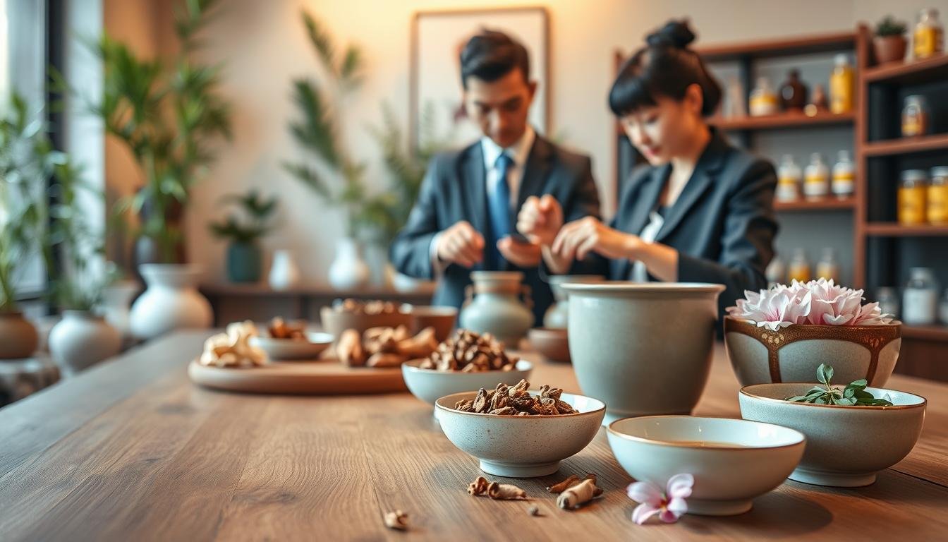 A serene and tranquil scene featuring traditional Chinese herbal medicine related to gynecology. In the foreground, a wooden table displays various herbs and ingredients such as angelica root, licorice, and chrysanthemum flowers artistically arranged in delicate ceramic bowls. In the middle ground, a skilled practitioner in professional business attire prepares a herbal decoction, focusing intently on their work. The background hints at a softly lit, traditional Chinese medicine clinic filled with subtle details like bamboo plants and shelves laden with herbal jars, enhancing the setting's authenticity. The overall atmosphere is calm and nurturing, with warm lighting creating a welcoming and healing environment, evoking a sense of balance and holistic wellness.