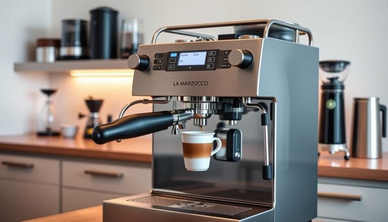 A sleek La Marzocco half-automatic espresso machine sits prominently in the foreground, showcasing its polished stainless steel finish and iconic dual-group heads. The brewing area displays freshly ground coffee and a steaming cup of espresso, capturing the essence of a busy morning routine. In the middle background, an elegant countertop lined with coffee accessories, including grinders, cups, and a stylish milk frother, enhances the scene. Soft, warm lighting illuminates the entire setup, creating an inviting atmosphere that evokes the joy of a perfect morning brew. The angle is slightly elevated, providing a clear view of the machine’s details while maintaining a clean and organized feel. The overall mood should be one of efficiency and sophistication, perfect for illustrating the benefits of using La Marzocco in daily coffee preparation.