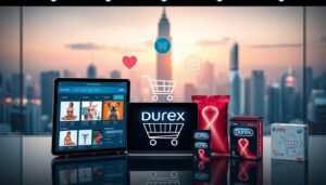 A sleek and modern digital shopping interface showcasing various Durex products, prominently displayed on popular online platforms in Hong Kong. In the foreground, highlight a user-friendly interface with product images, prices, and comparison charts. In the middle, arrange symbols of major e-commerce platforms like a stylized shopping cart or credit card icons, symbolizing online transactions. The background features a soft-focus cityscape of Hong Kong, evoking the high-tech environment. Utilize bright, inviting colors to create an optimistic atmosphere, with focused lighting on the products to enhance their appeal. The overall composition should feel professional and polished, inviting readers to explore the best Durex shopping options.