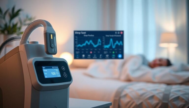 A sleek and modern sleep apnea machine prominently displayed in the foreground, showcasing its control panel with illuminated buttons and digital screen, providing a sense of advanced technology. In the middle ground, a subtle display of a user-friendly interface with graphs and data points, illustrating readings of sleep patterns and breathing efficiency. The background features a softly illuminated bedroom setting, with calming colors like pale blue and white to evoke a peaceful sleep environment. The image is shot from a slightly elevated angle, creating depth, while warm, diffused lighting adds a serene atmosphere. The overall mood should convey comfort, reliability, and technological advancement, emphasizing the machine's functionality and purpose in improving sleep quality.