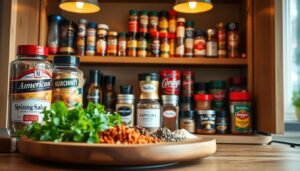 A beautifully arranged kitchen spice cabinet displaying various American spices and condiments, showcasing a variety of packaging types such as glass jars, metal tins, and plastic containers. In the foreground, a wooden cutting board with vibrant herbs and spices laid out elegantly. The middle ground features a well-organized spice rack with labels, highlighting popular American brands like McCormick and Lawry's, each with distinct colors and styles. The background includes a cozy kitchen setting with warm, soft lighting from hanging pendant lights, creating an inviting atmosphere. A slight depth of field focuses on the spice cabinet while softly blurring the background, emphasizing the richness and variety of the spices. The mood is warm and homey, reflecting the joy of cooking and the exploration of flavors.