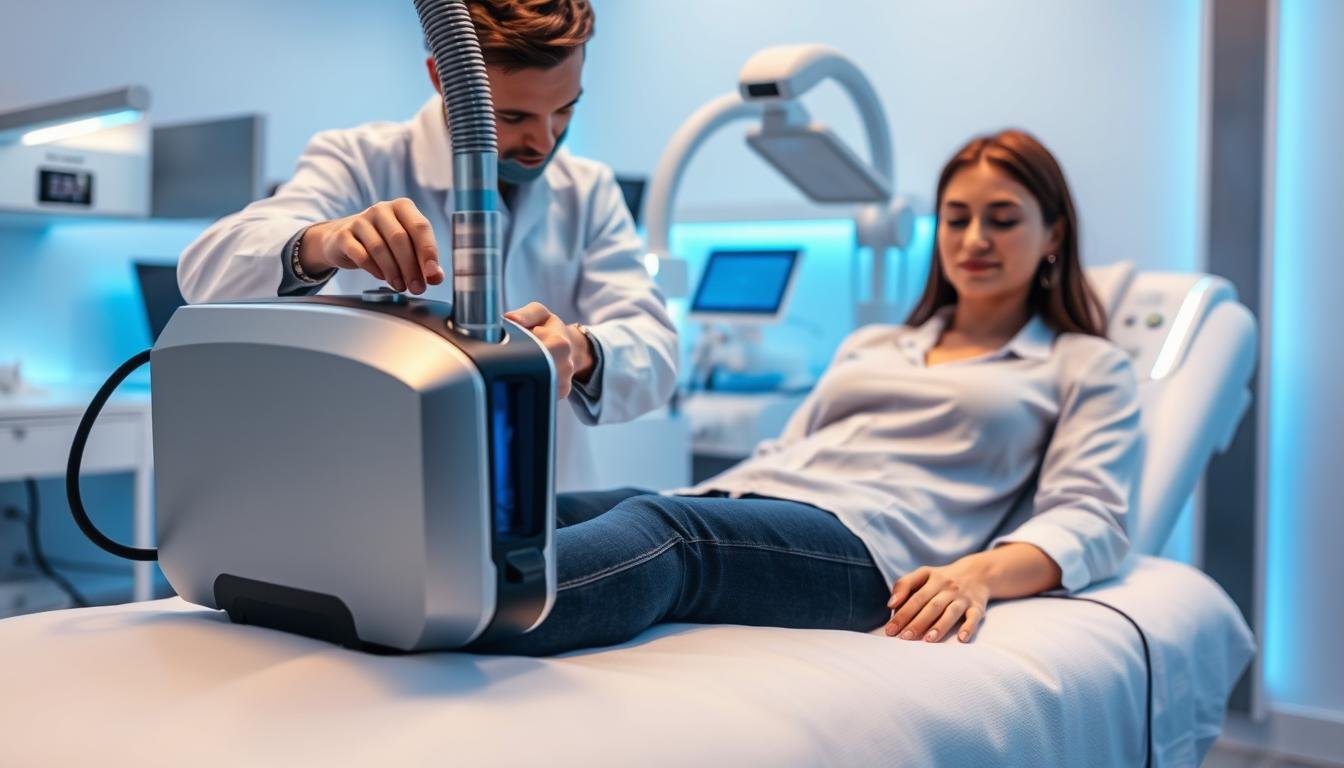A clinical, modern laser hair removal treatment room, featuring advanced cooling technology to reduce discomfort during the procedure. In the foreground, a professional technician in a white lab coat adjusts a sleek, high-tech laser device, while a client, dressed in modest, casual clothing, lies comfortably on a treatment table with a calming expression. In the middle ground, a transparent cooling device is visible, emitting a soft blue glow, providing a contrast to the bright, sterile environment. The background reveals medical equipment and soothing blue lighting, evoking a clean and serene atmosphere. The overall mood is one of professionalism and care, emphasizing the technology's role in pain management during laser hair removal procedures.