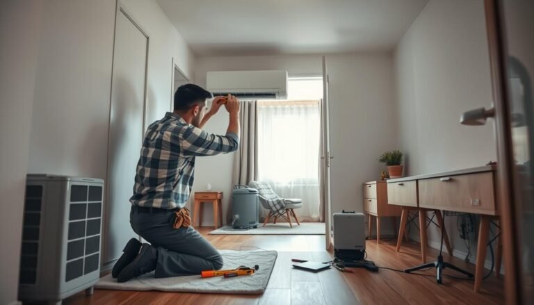 A narrow bedroom with a focus on the installation process of a split-type air conditioner. In the foreground, a skilled technician in a work shirt and pants is carefully positioning the indoor unit, using a level tool to ensure it is perfectly aligned. The technician is kneeling on a soft mat, surrounded by tools, showcasing a detailed installation scenario. In the middle ground, other essential equipment like the outdoor compressor and various piping components are visible, demonstrating their placement. The background includes a cozy, minimalist bedroom setting with neatly arranged furniture and soft, natural lighting coming from a nearby window, creating a calm and focused atmosphere.