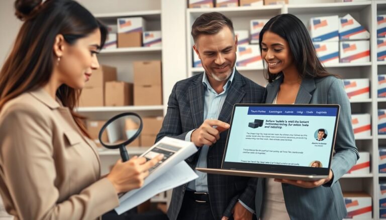 A professional and modern office setting with a diverse group of three individuals reviewing product samples from American online purchases. In the foreground, a woman in business attire examines a product with a magnifying glass, showcasing her scrutiny over its quality. In the middle, a man in a smart casual outfit discusses with a colleague, pointing at a laptop displaying a website with return policies highlighted. The atmosphere is focused and collaborative, with soft lighting casting gentle shadows. In the background, shelves filled with neatly arranged boxes of various American products emphasize the theme of quality control. The overall mood conveys trust and attention to detail in choosing a reliable purchasing service.