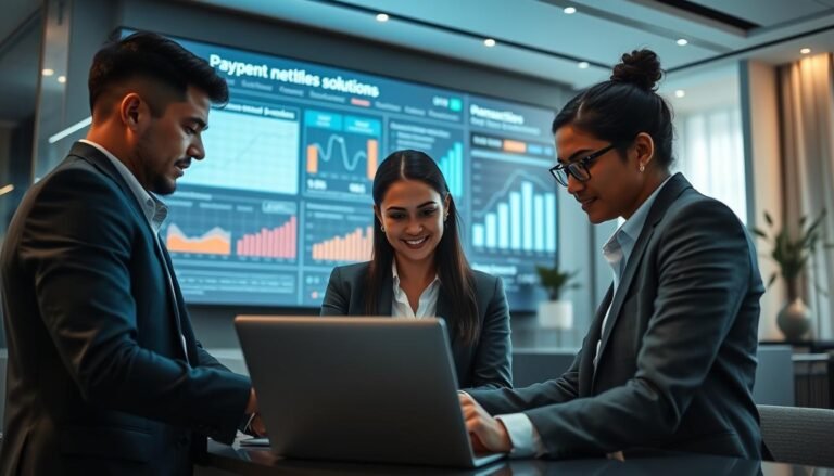 A professional setting illustrating a seamless US purchasing payment solution. In the foreground, a diverse team of three individuals in business attire, gathered around a laptop, analyzing data and discussing strategies. In the middle ground, a large digital screen displays graphics of payment solutions and trends, with dynamic charts representing transactions and analysis. The background features an elegant office with modern decor, emphasizing innovation and professionalism. Soft, ambient lighting enhances the focus on the team, creating a collaborative atmosphere. The scene conveys a sense of urgency and resolution, encapsulating the challenges and solutions surrounding restricted PayPal payments in US purchasing. The angle is slightly elevated, providing a comprehensive view of the interaction among the team members.