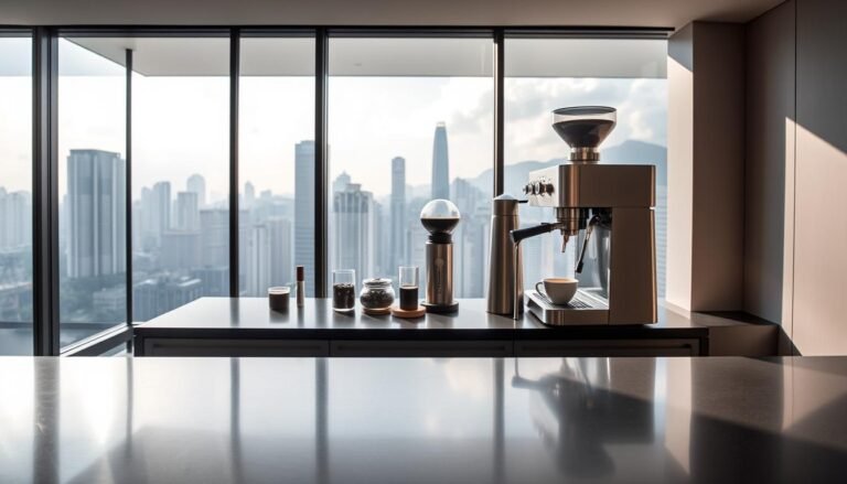 A sleek La Marzocco espresso machine, prominently featured in a modern Hong Kong kitchen. The foreground showcases the polished stainless steel surface with intricate details reflecting light. In the middle, a warm, inviting coffee station with artisan coffee beans, an elegant grinder, and a steaming cup of coffee sits enticingly. The background reveals a panoramic view of Hong Kong's vibrant skyline through a large window, blending urban elegance with home comfort. Soft, natural sunlight pours in, creating a cozy ambiance with gentle shadows. The scene embodies a perfect balance of sophistication and accessibility, making it ideal for family use. Capture the essence of professionalism and homey charm in this beautifully arranged setting.