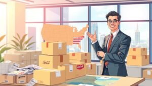A vibrant and engaging illustration showcasing the concept of a U.S. purchasing and forwarding service. In the foreground, depict a friendly, professional businessperson in smart casual attire standing beside a table cluttered with packages and international shipping labels, smiling and pointing at a map of the United States. In the middle ground, feature various shipping boxes labeled with iconic American brands, symbolizing the swift shipping process. The background should include a modern office setting with a large window showing a sunny cityscape, giving a bright and hopeful atmosphere. Soft, natural lighting illuminates the scene, suggesting efficiency and positivity, while a shallow depth of field creates focus on the main subjects.