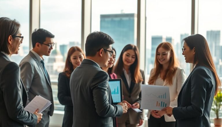 A professional and visually appealing scene that represents the "高才通計劃申請資格." In the foreground, a diverse group of professionals in business attire is engaged in discussion, surrounded by documents and a laptop displaying graphs and charts. The middle ground features a large, modern office environment with glass walls and large windows letting in natural light, creating a sense of transparency and openness. In the background, an urban skyline is visible, symbolizing opportunities and growth. Soft, warm lighting enhances the collaboration mood, creating an inspiring atmosphere. The image should be vibrant and inviting, reflecting the aspirations and potential benefits of the 高才通計劃. No text or logos should be included.