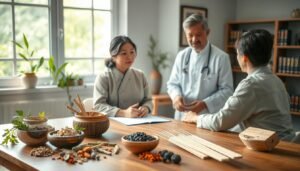 A tranquil herbal medicine clinic setting, featuring a knowledgeable Traditional Chinese Medicine (TCM) practitioner in a professional outfit, skillfully discussing treatment options for rheumatoid arthritis with a patient seated across a wooden consultation table. In the foreground, display various traditional Chinese herbs and acupuncture needles, symbolizing holistic healing practices. In the middle ground, include a bamboo plant and Chinese medicine books on a shelf, fostering an atmosphere of wellness and wisdom. The background showcases soft, natural lighting filtering through the windows, with a calming green landscape visible outside, enhancing the serene and supportive environment crucial for patient care. The overall mood should evoke hope and healing, emphasizing the importance of personalized treatment choices for improving joint mobility and daily functionality.